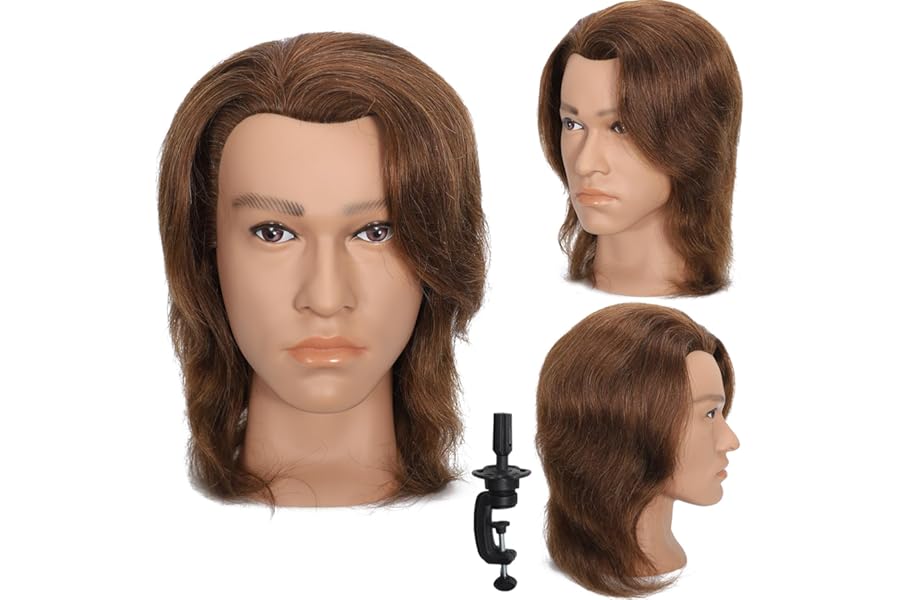 TKIMHEQ 12″ Male Mannequin Head with 100% Human Hair Haircut Training Head for Cosmetology Straight Thick Hair Manikin Head Doll Head with Stand Practice Cutting Styling (Brown#)