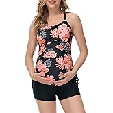 Maacie Maternity Athletic Tankini Swimsuits Two Piece Floral Print Ruched Tops with Shorts