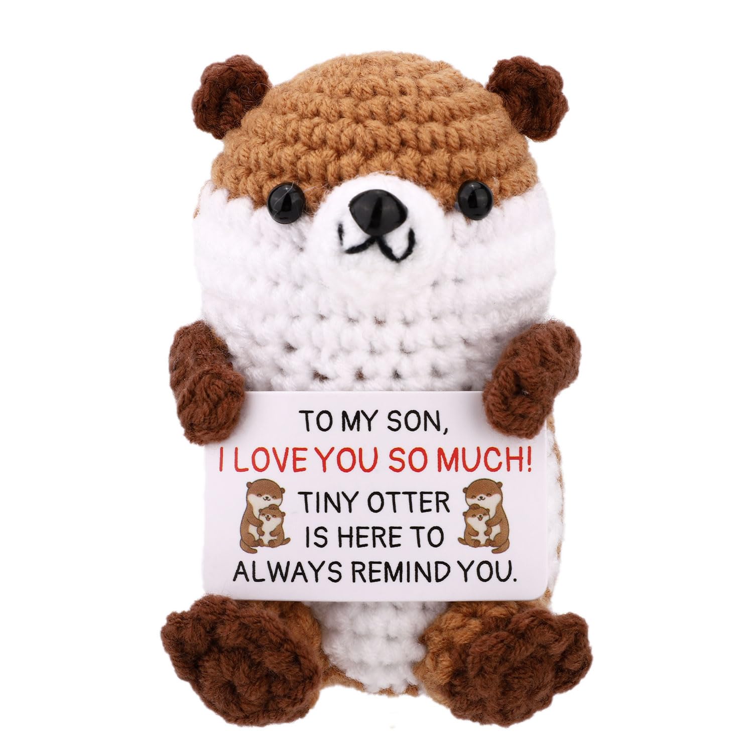 TOYMIS Positive Otter, Cute Handmade Crochet Otter with Encouragement Card Emotional Plush Positive Support Animal Toy Knitted Doll Incentive Gift & Decor (Son)