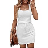 RoseSeek Women's Waffle Knit Belted Tank A Line High Waisted Dresses Square Neck Sleeveless Summer Short Dress