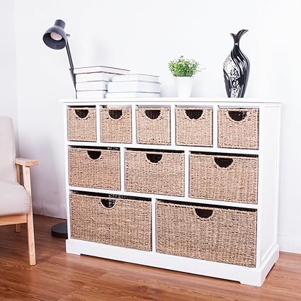 10 Drawer Baskets White Wide Functional Wooden Hyacinth And