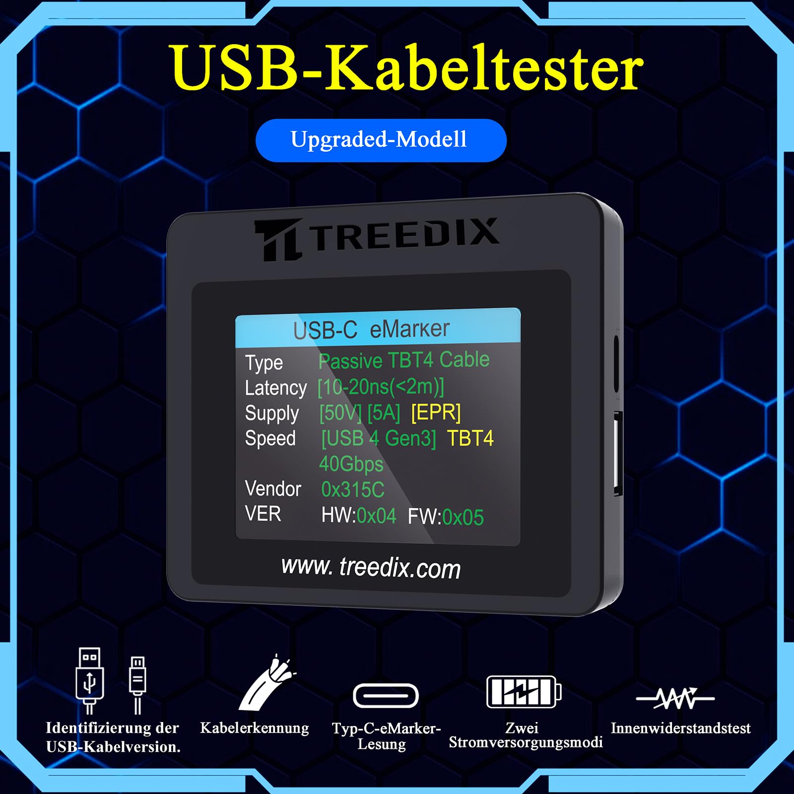 Treedix USB-Kabeltester, 2,4-Zoll-Farbdisplay USB-C-Kabeltester,USB-Tester unterstützt Kabeltests, Widerstandstests, Type-C eMarker für Lightning, Micro-B 2.0, Micro-B 3.0, Type-C, Mini-B 2