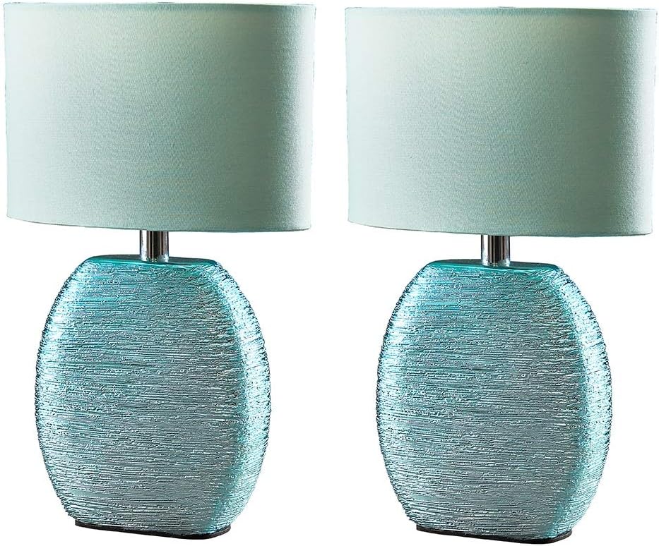 Pair of - Modern Textured Metallic Blue Ceramic Table Lamps with a Fabric Shade - Complete with 4w LED Golfball Bulbs [3000K Warm White]