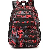 SunForMorning School Backpack for Boys Lightweight Bookbag for Kids Children Teens Elementary Middle School, Camo Boys Backpacks Back to School Gifts, Red