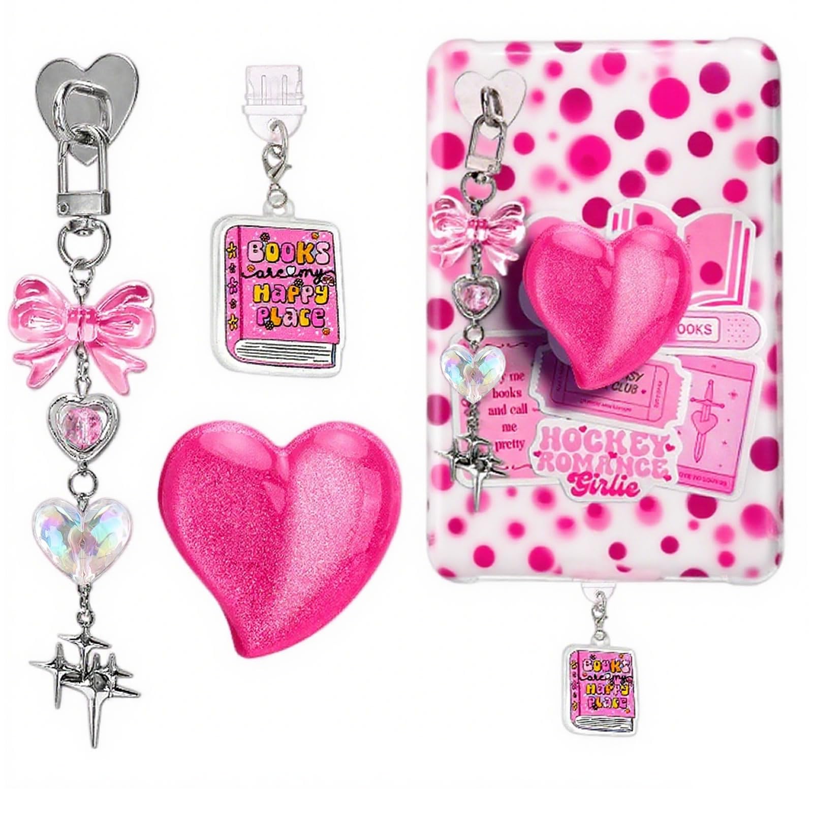 Photo 1 of ANKUAITIAN Books Theme Charms Set for Kindle,Including Dust Plug Charm Type C/USB C,Heart Grip Holder, Bow Keychain Accessories,Compatible for Kindle Paperwhite 11th 12th Generation (Rose-red)