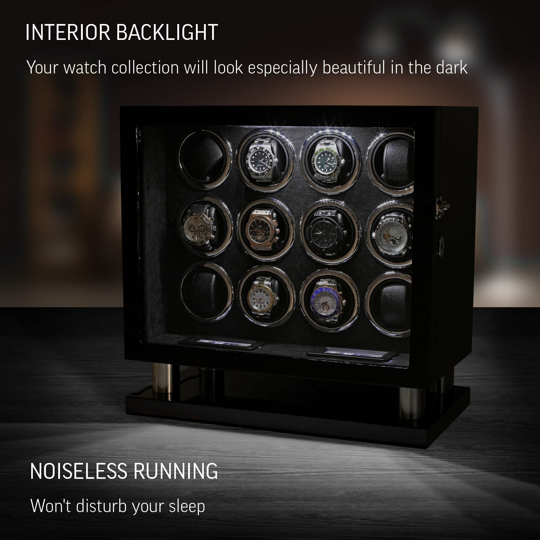 12 Watch Winder for Automatic Watches with LED Light and LCD Touchscreen Control (Ebony + Black)