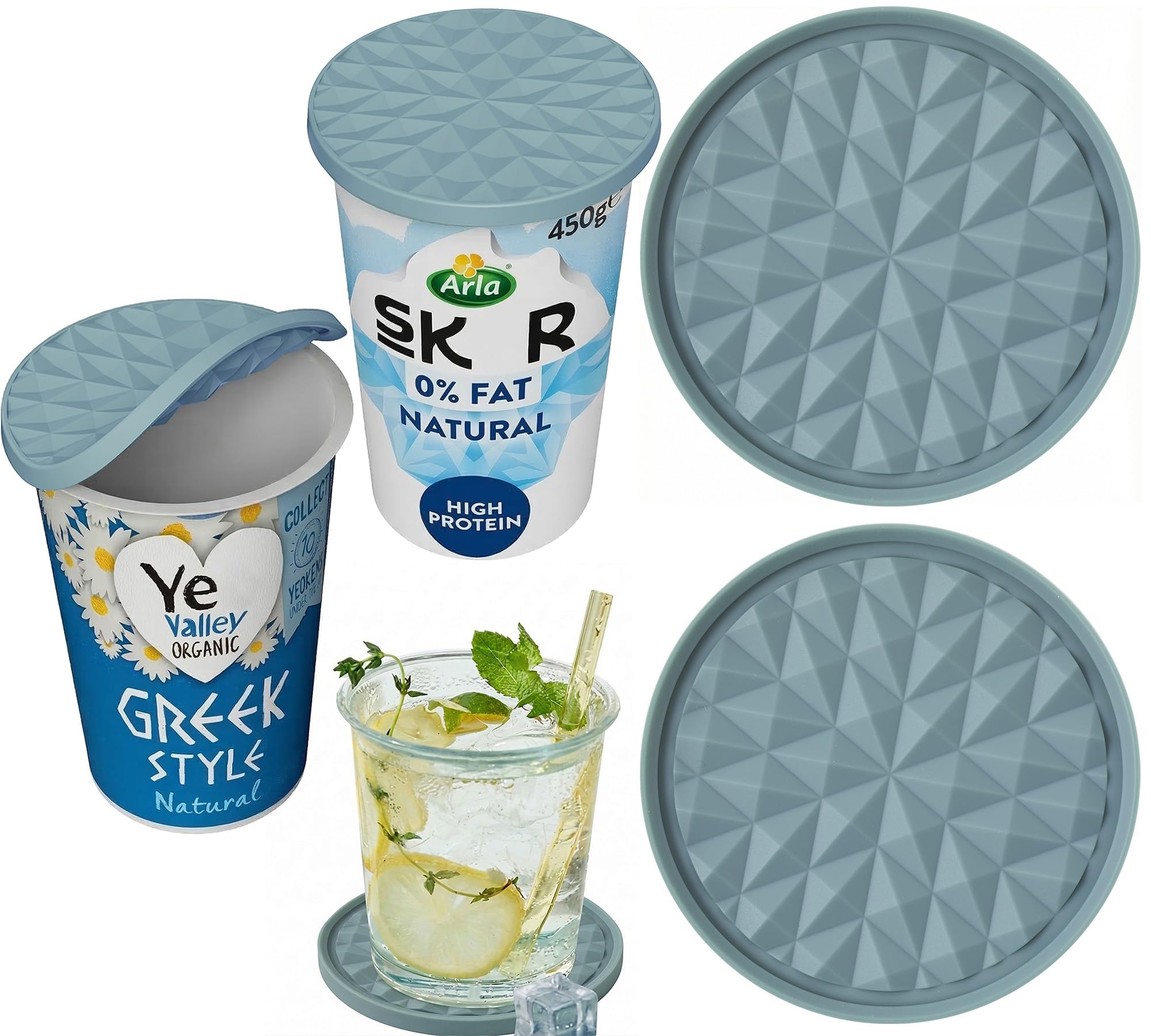 Wingcases - Yoghurt Pot Lids ONLY Fit 9.5cm Diameter Pots(2 pcs, Light Blue) Reusable Silicone Large Tops, Reversible to Coaster, for 9.5cm Yogurt, Cream Pots