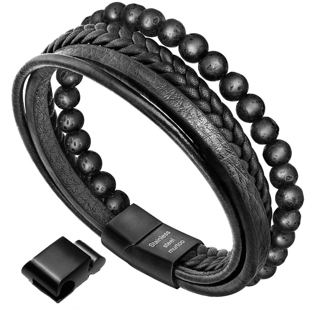 Murtoo Men's Leather Bracelet with Lava Onyx Stone - Black Brown, Magnetic Clasp (Braided Black, 9.2'')