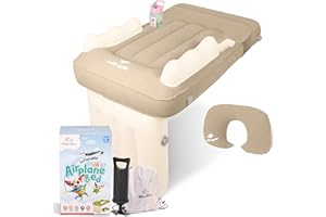 Wiggly Winks Toddler Airplane Bed – Inflatable Airplane Bed for Toddler & Baby Airplane Bed w/Neck Cushion, Safety Belt, Carry Bag, Fast Pump, Cup Holder, Storage Pocket – Seat Extender (Beige)
