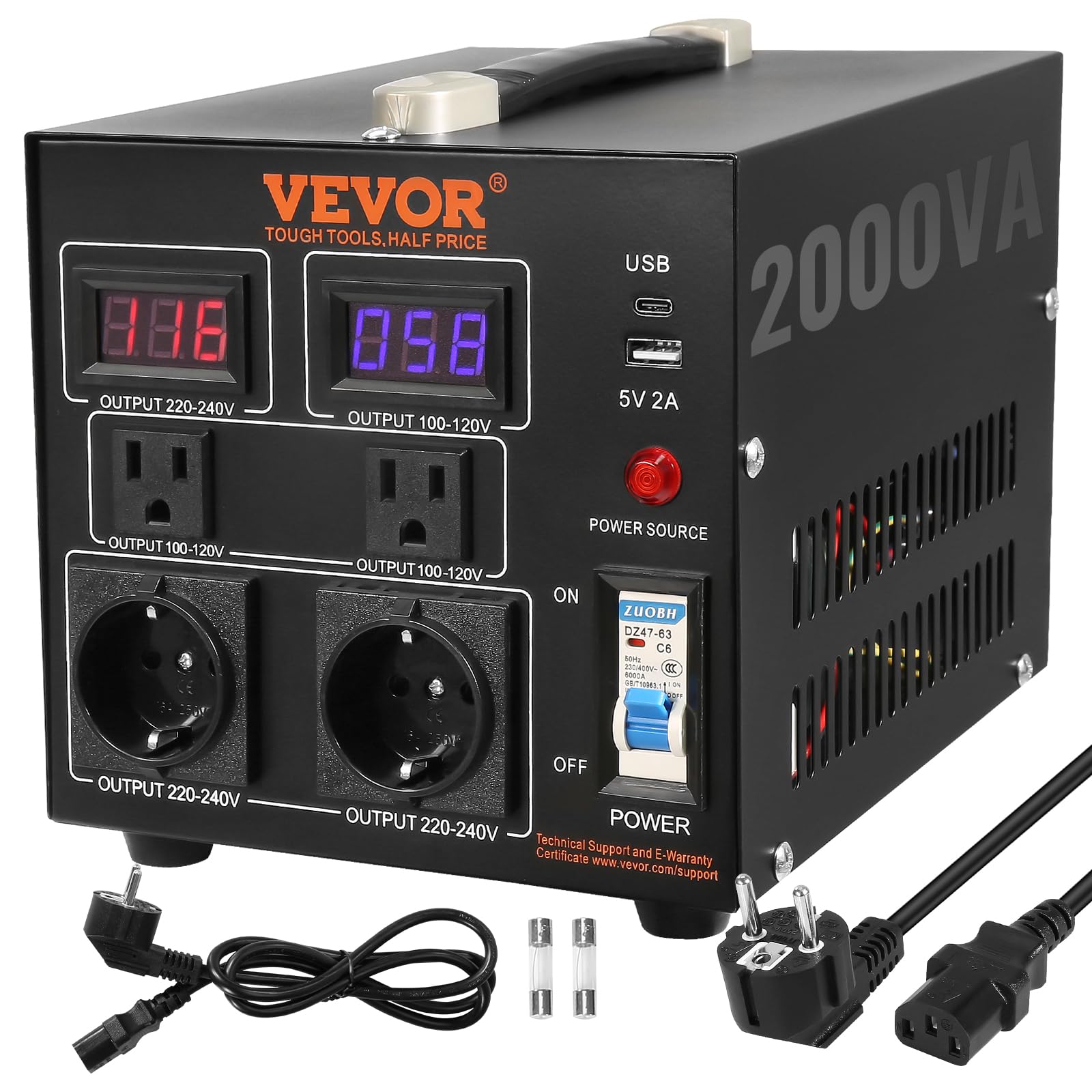 Photo 1 of VEVOR Voltage Converter Transformer, 2000W, Heavy Duty Step Up/Down Transformer, Convert from 110 Volt to 220 Volt and from 220 Volt to 110 Volt, with US Outlet EU Outlet 5V USB Port, CE Certified