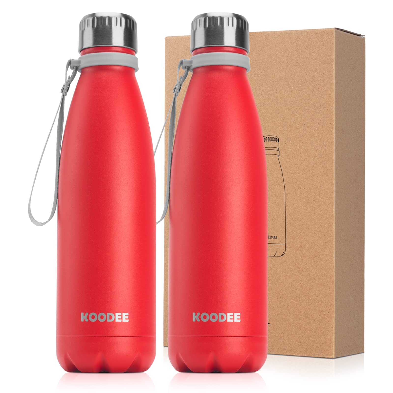 koodee Stainless Steel Water Bottle, 2 Pack 17 oz/500 ml Insulated Water Bottle, Double Wall Vacuum Sports Water Bottle, for School, Fitness, Running-PBA Free