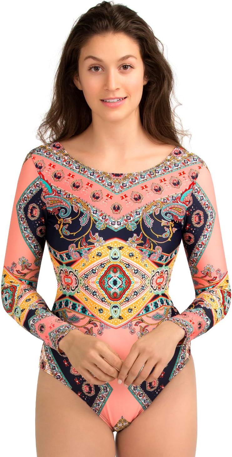 AXESEA Womens Long Sleeve Rash Guard UV UPF 50+ Sun Protection Printed Zipper Surfing One Piece Swimsuit Bathing Suit