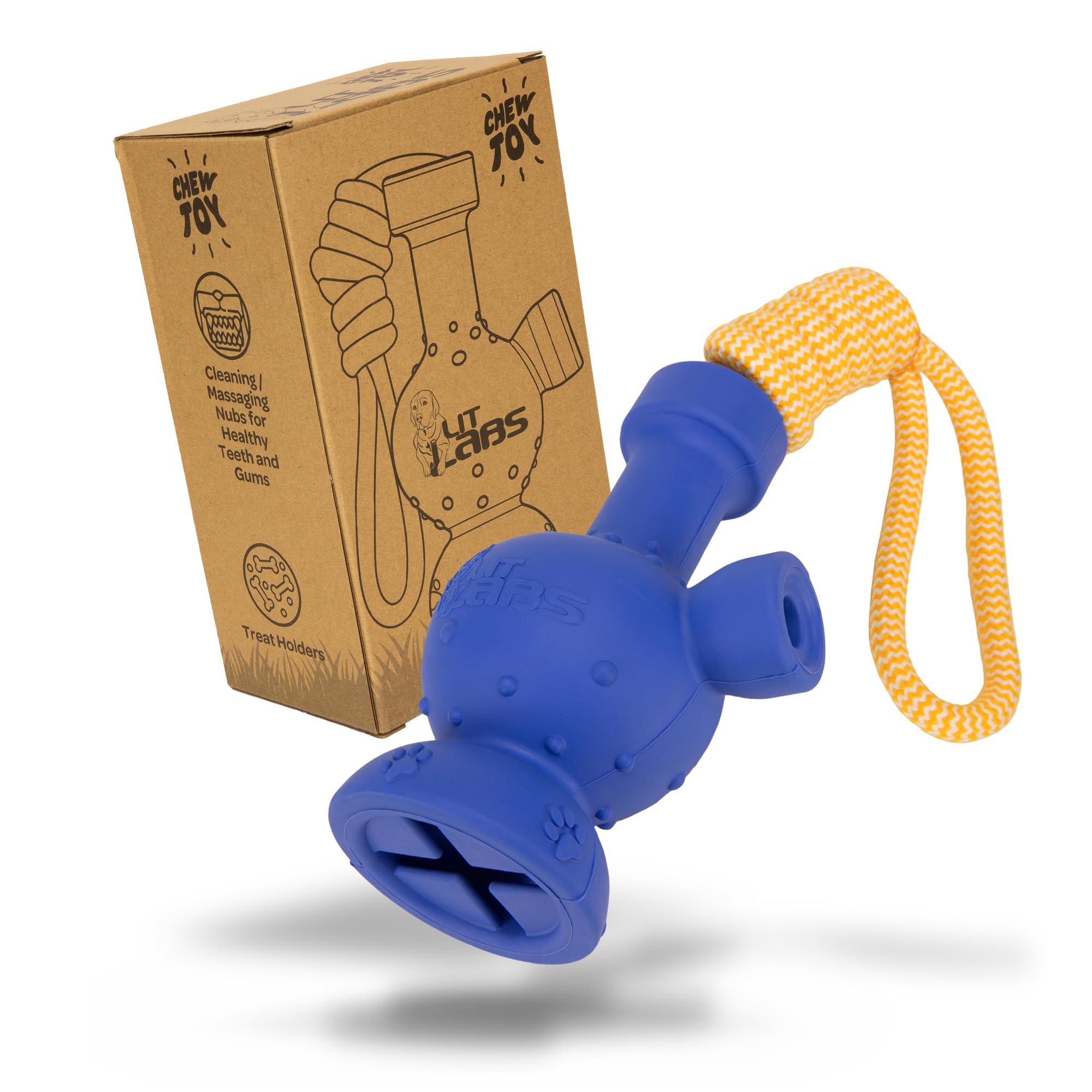 LIT LABS - Dog Tug Toy with Rope Dog Entertaining, Treat Dispensing Dog Toy, Works for All Dog Sizes and Breeds. Fun Novelty Gift - Rubber Dog Toy with Funny Shape Tug-A-War - Blue Body & Orange Rope