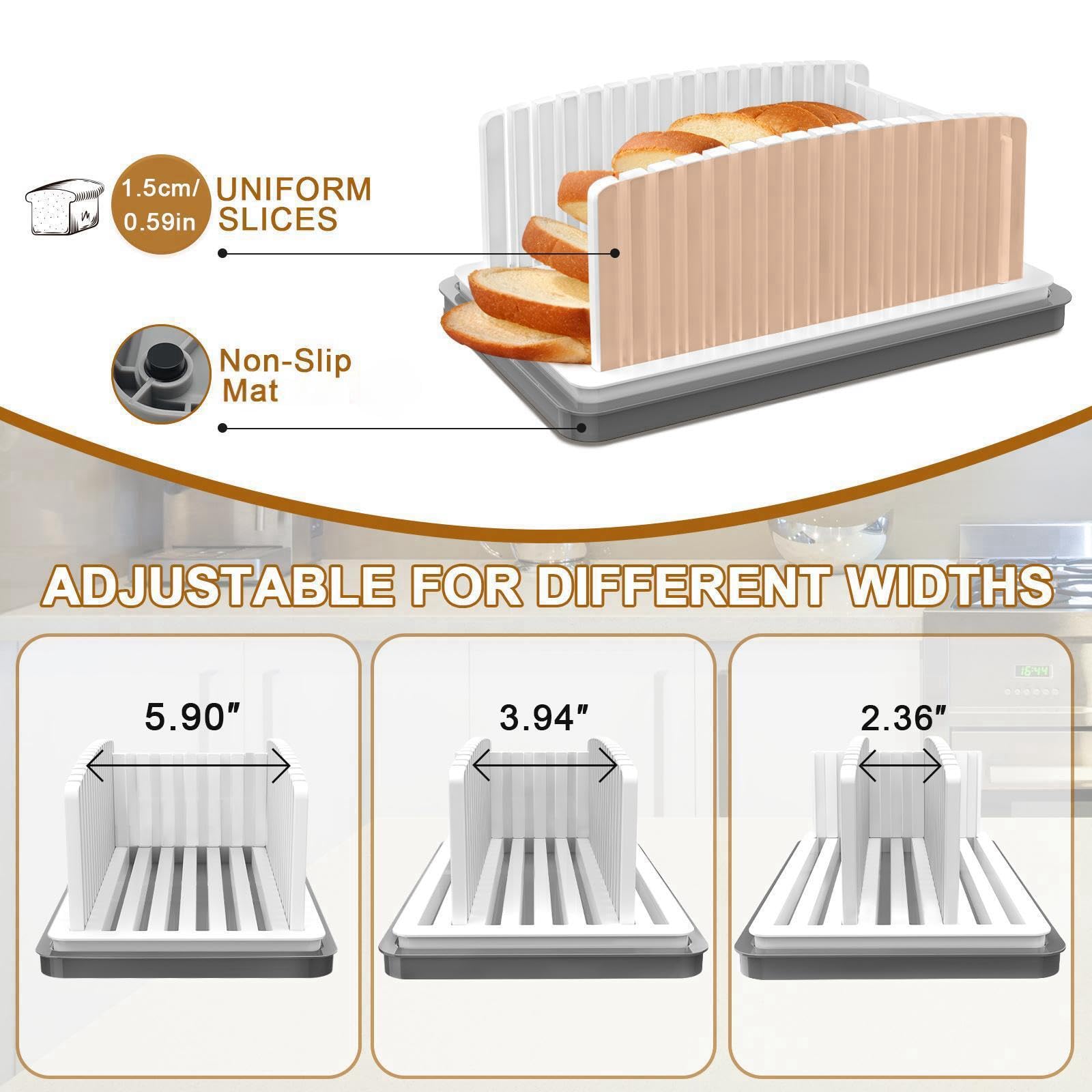 New Upgrade Bread Slicer for Homemade Bread, Bread Slicing Guide Adjustable Width, Foldable and Compact Cutting Guide with Crumb Tray, Suitability for Homemade Bread, Bagels, Cakes