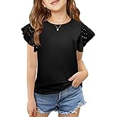 Imily Bela Girls Ruffle Sleeve Shirts Summer Crewneck Eyelet Tee Tops Casual Cute Blouse 4-15 Years