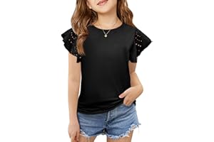 Imily Bela Girls Ruffle Sleeve Shirts Summer Crewneck Eyelet Tee Tops Casual Cute Blouse 4-15 Years