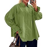 Cicy Bell Womens Oversized Button Down Shirts Long Ruffle Sleeve Pleated Babydoll Blouses Trendy Casual Tops