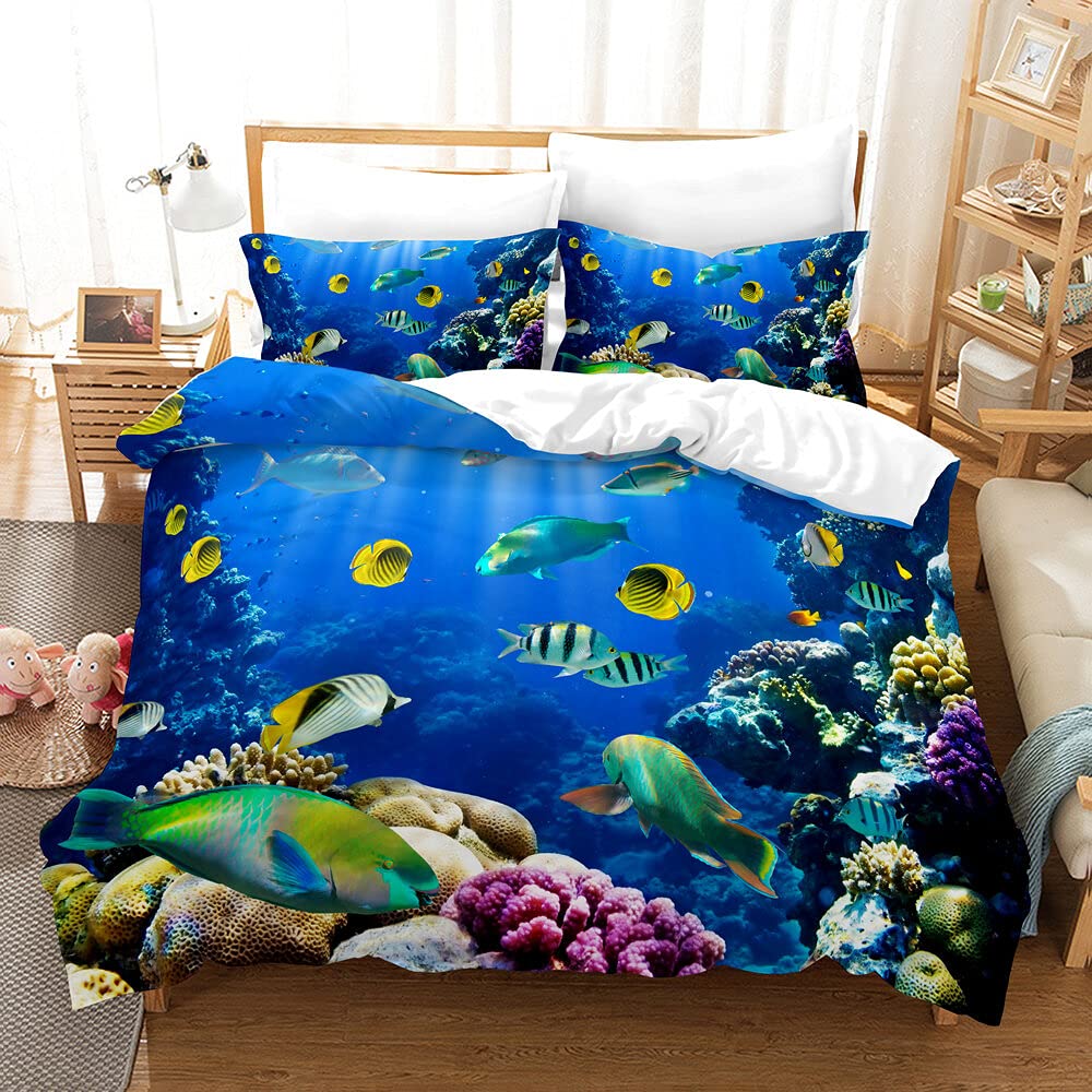 EHAOKK 3D Sea Animal Bedding Set, Dolphin, Tropical Fish, Coral, Sea Life Duvet Cover, Blue Underwater World Duvet Cover for Children (C, 135 x 200 cm)