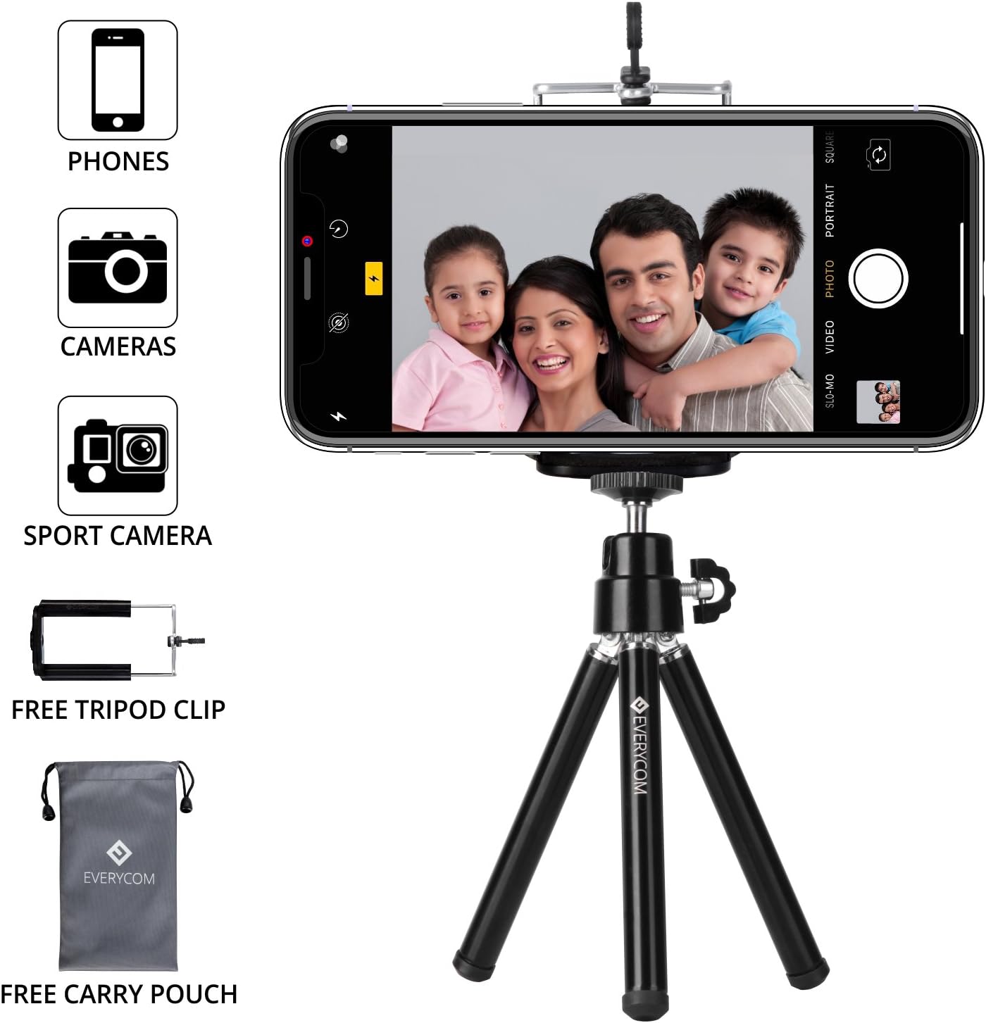 Everycom Mini Tripod with Phone Holder, Black Color