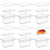 Sunnyray 6 Set 1/9 Size Polycarbonate Food Pans with Lids and Drain Shelf Deep Square Food Storage Containers for Kitchen Restaurant Fruit Vegetable Storage