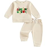 Karuedoo Toddler Baby Boy Christmas Outfit Cousin Crew Embroidery Waffle Knit Long Sleeve Sweatshirt and Pants Set