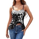 HomRain Women's Sexy Sequin Tops V Neck Strappy Casual Glitter Sparkly Camisole with Ruffle Party Sleeveless Tank Tops