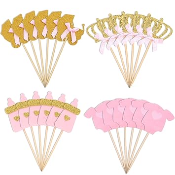 Jetec 48 Pieces Pink And Gold Girl Baby Shower Cupcake Toppers Cake Toppers Picks For Girls Birthday