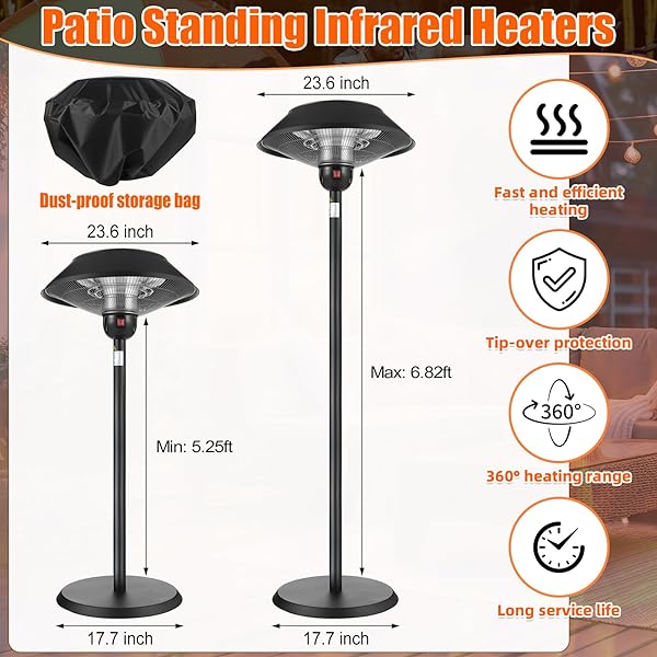 GLOOGLITTER PATIO ELECTRIC OUTDOOR HEATER STAINLESS STEEL 1500W STANDING INFRARED HEATERS WITH DUST COVER FOR INDOOR/OUTDOOR USE, 3 HEAT SETTINGS, FAST HEATING, HEIGHT ADJUSTABLE, TIP-OVER PROTECTION