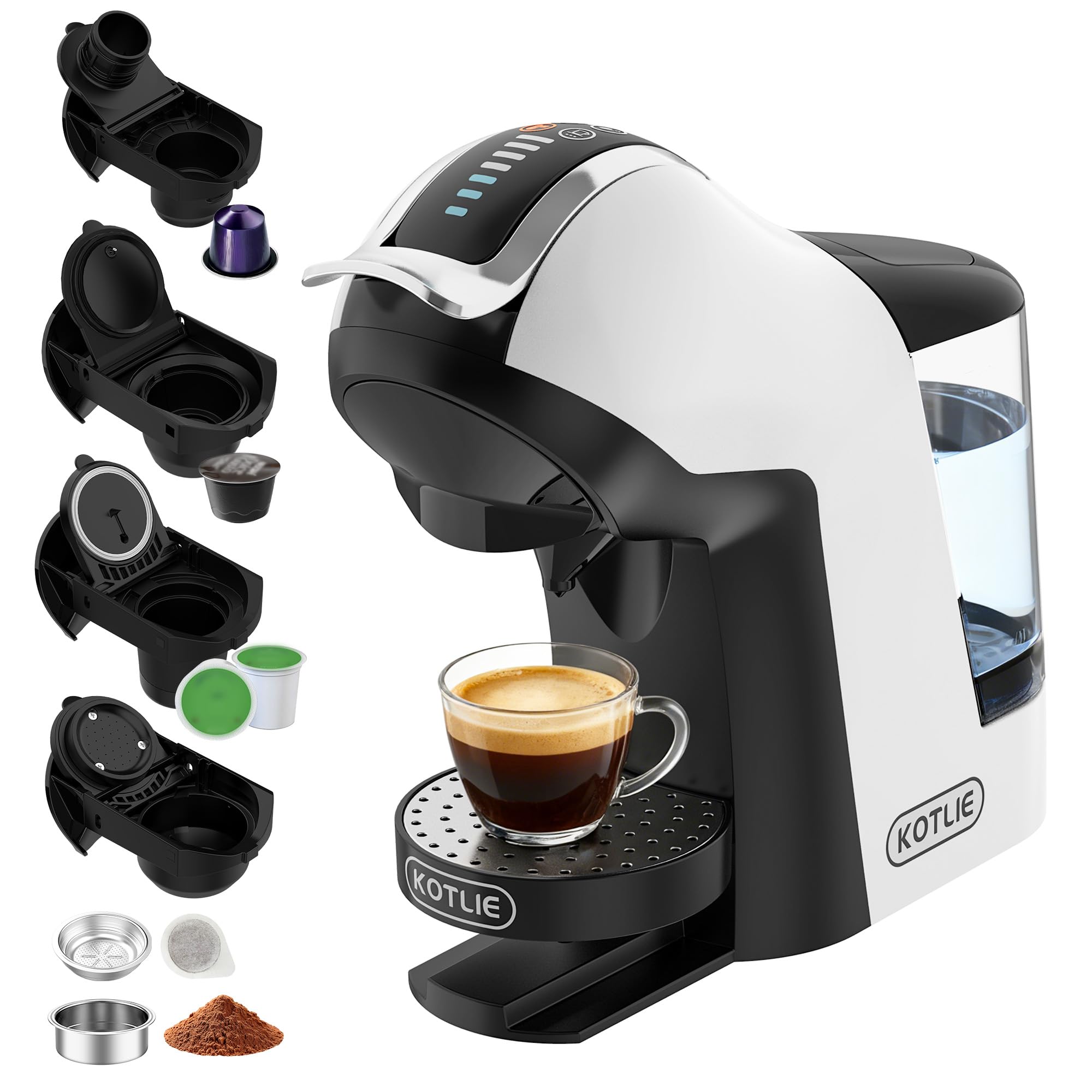 Photo 1 of KOTLIE EM-308B Espresso Machine, Single Serve Coffee Maker Compatible with Multiple Capsule Types, Ground Coffee, and ESE Pods, 3 Temperatures, 7 Water Volume Levels, 34 Oz?White?