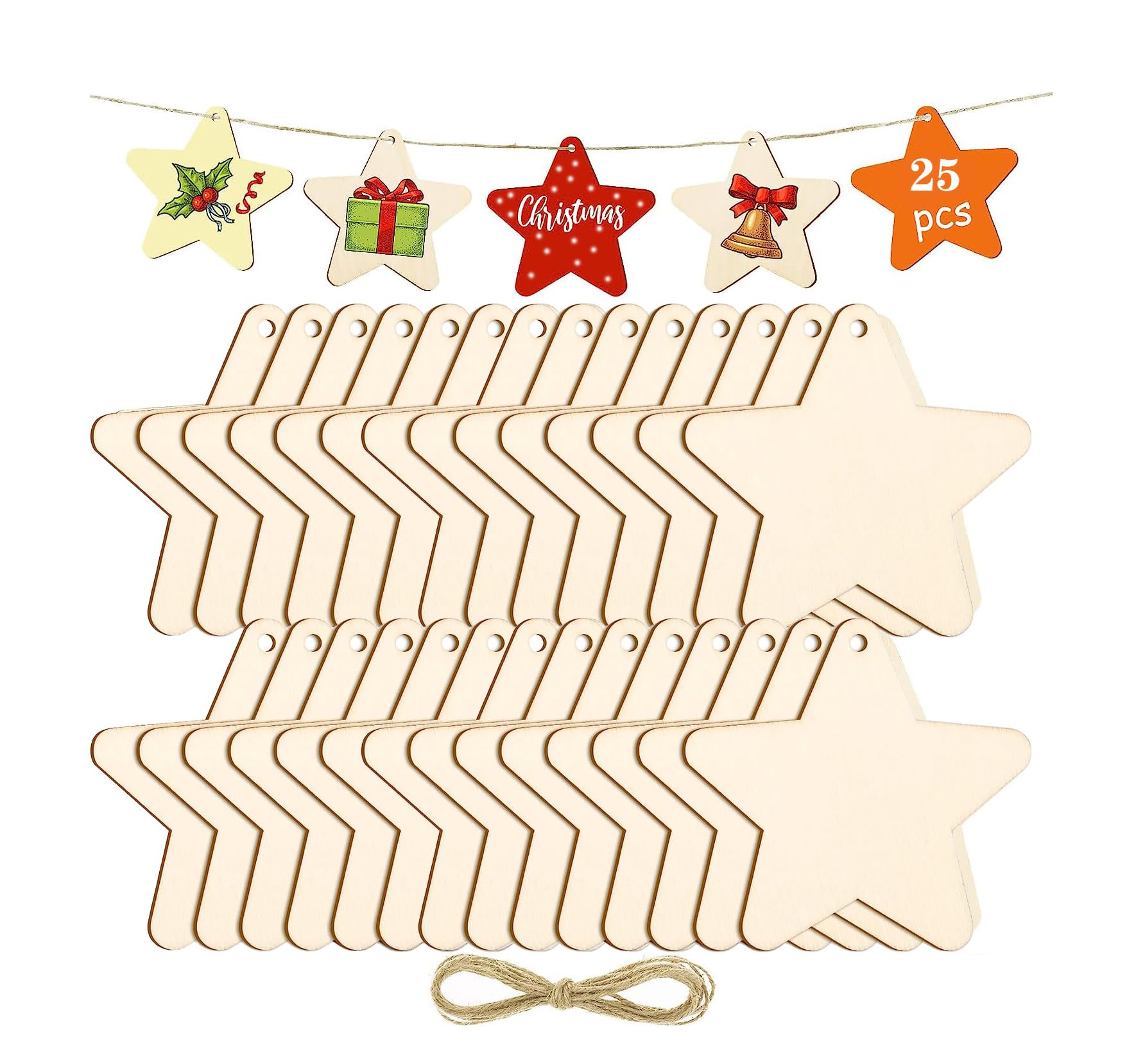 YONGTTFEI 25 Pack of Wooden Star with Holes Wooden for Crafting-Wedding Romantic Decorationsand Gift Tags, DIY Arts，Christmas Decorations，Personalised Gifts, Parties-8CM