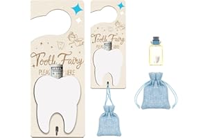 AINBIN Tooth Fairy Door Hanger, Tooth Fairy Tooth Holder Kit with Money Slot Keepsake Bottle Burlap Pouch & Upgrade Night Light, Wooden Encourage Gift for Kids Children Boys Girls Lost Teeth (Blue)