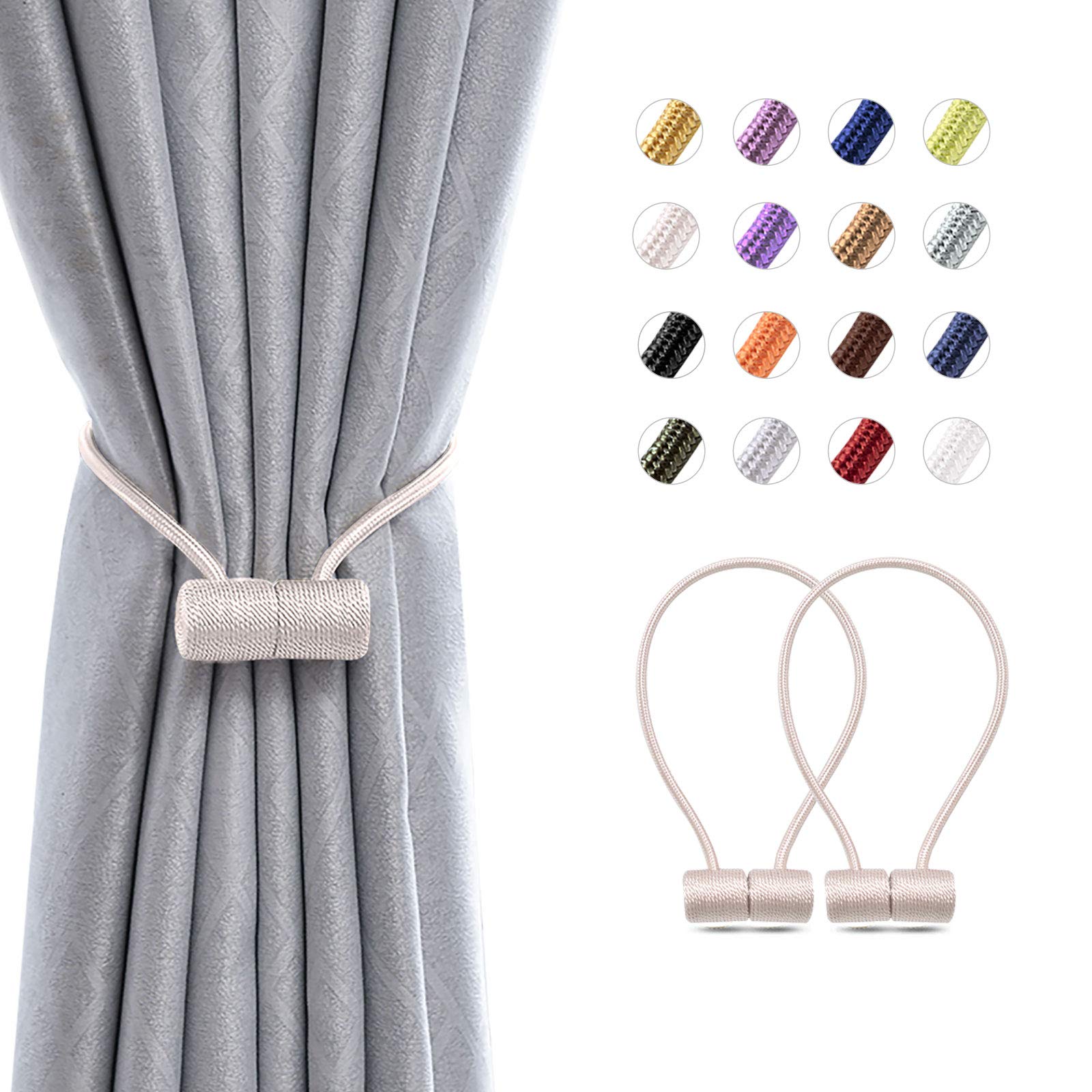 Pretty Jolly 2 Pack Magnetic Curtain Tiebacks 16 Inch Modern Handmade Weave Rope Curtain Holdbacks Convenient Decorative Curtain Drape Tie Backs for Home and Office Window Drapery (Beige)