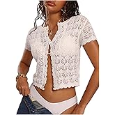 MakeMeChic Women's Y2K Fall Crochet Sweater Short Sleeve Crew Neck Button Down Cropped Cardigan