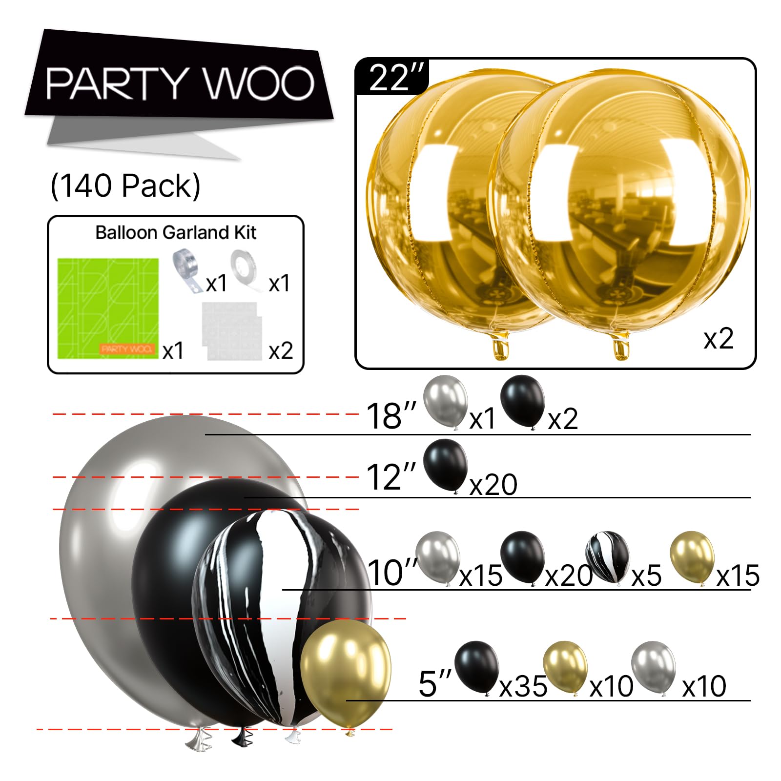 PartyWoo 140 pcs Black and Gold Balloon Arch Kit, Black and Gold Balloons Garland with 4D Marble Balloons, Chrome Metallic Silver Balloons, Star Garland for Birthday Decorations, Retirement Party