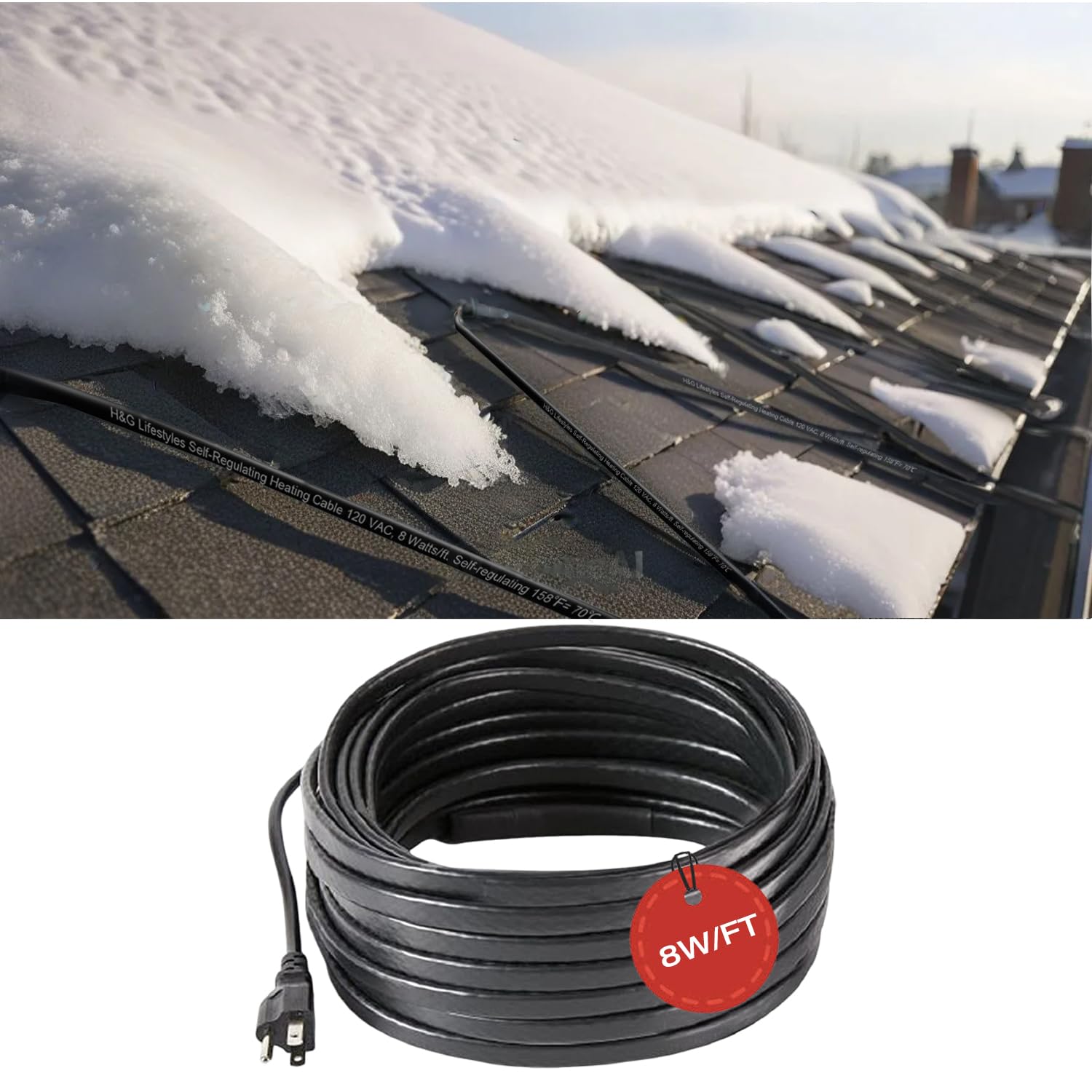 Photo 1 of H&G lifestyles 8W/FT Roof Heat Cable for Roof and Gutters, Self-Regulating Heaters to Prevent Ice Dams,Heavy Duty Heat Tapes for Snow De-Icing, 8Watts per Foot Patented Heating Technology 80FT