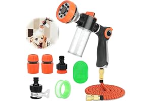 GINDOOR Pup Jet Dog Wash 8 Pieces Pet Bathing Tool Set Include Expandable Hose Spray Nozzle Livestock Foamer Soap Dispenser with Connectors Dog Bathing Sprayer for Pets Showering Orange