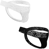 GAREDOB Sexy Men Lace Thongs Comfortable Soft Lace T Back Thong Underwear Wide Waistband 2 Pack Size S-4XL