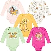 Disney Classics Princess Lion King 101 Dalmations Pumbaa Princess Ariel Timon Baby Girls 5 Pack Bodysuits Newborn to Infant