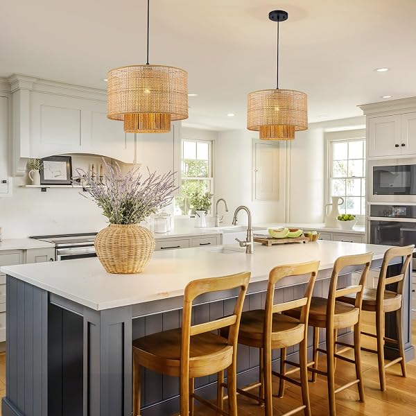 HUOKU 13.8” RATTAN DRUM CHANDELIER, 1-LIGHT BOHO DINING ROOM LIGHT FIXTURES FARMHOUSE PENDANT LIGHT HAND WOVEN LIGHTING FOR KITCHEN ISLAND LIVING ROOM BLACK