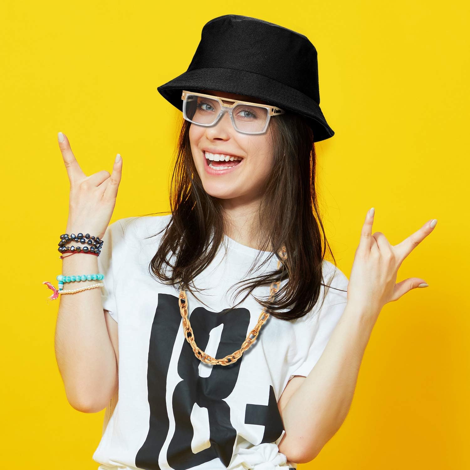 Hip Hop Woman Costume Kit Old School Rapper Sunglasses Faux Gold Rope Chain Earrings 80s/ 90s Rapper Accessories: Toys & Games
