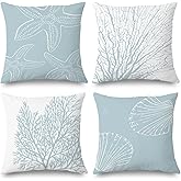 Supwhd Coastal Beach Pillow Covers 20x20 Set of 4 - Beachy Room Decor Aesthetic, Coastal Beach House Decor, Starfish Seashell Coral Decorative Throw Pillow Covers (Double-Sided)