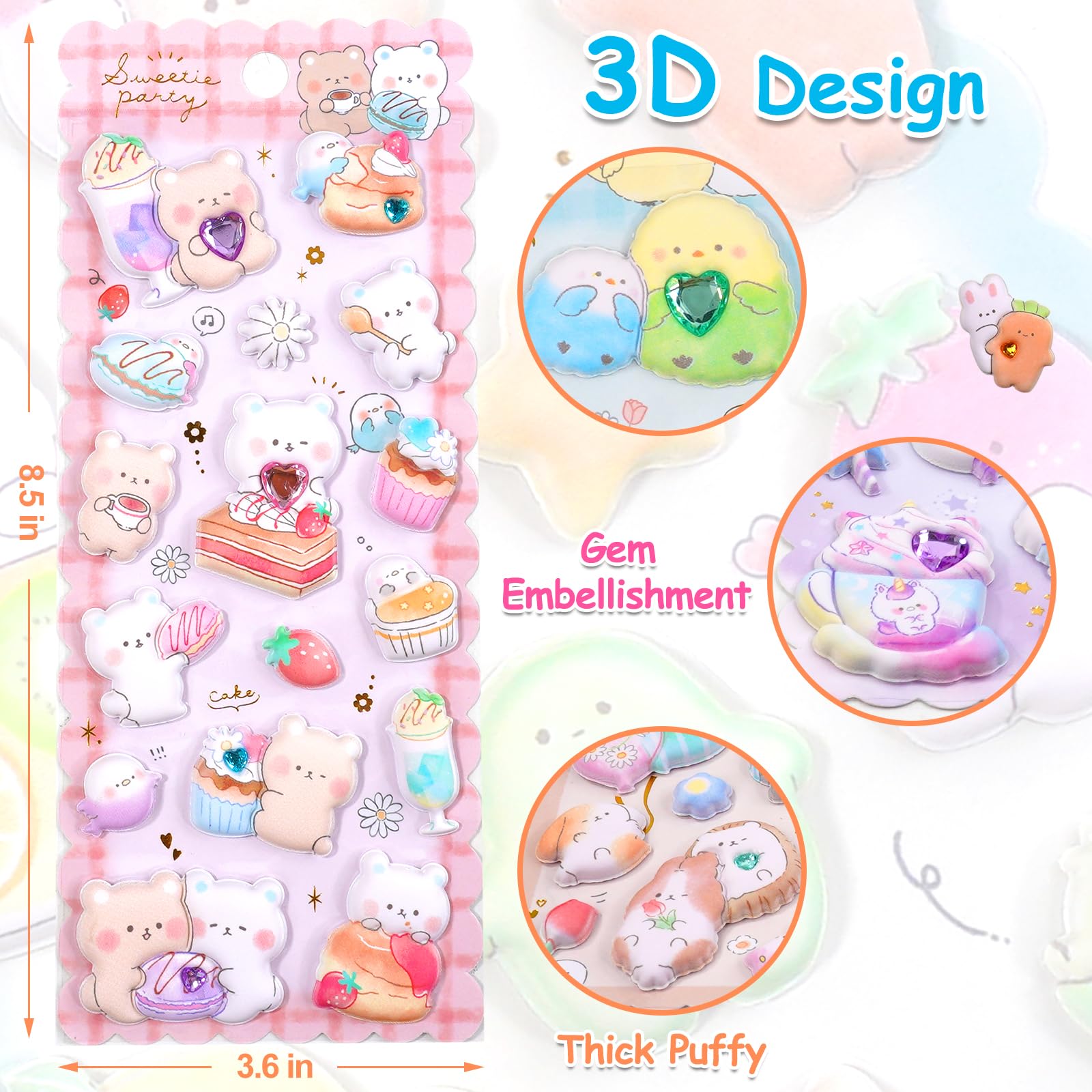 Puffy Stickers with Sparkly Gem Embellishment for Kids Girl -Cute,Kawaii,Soft,Thick,Large Japanese Puff Sticker for Adults –3D Squishies Puffer Sticker for Phone Case,Notebook,6 Sheets.