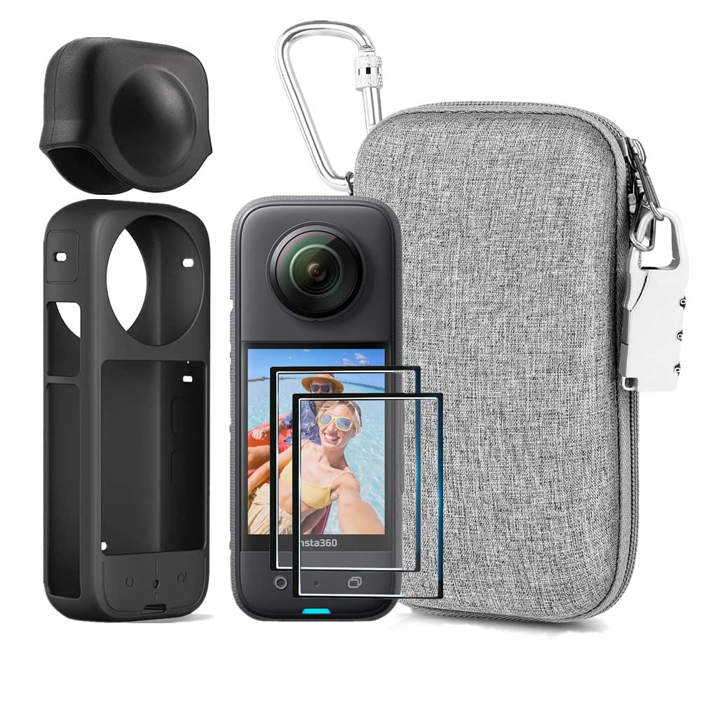 LEWOTE 7in1 Accessories Kit Compatible with Insta360 X3 [Silicone Camera Case Cover and Lens Cap][2Pcs 3D Screen Protector Film][Outdoor Carrying Case with Auto Locking Carabiner and Anti-loss Lock]