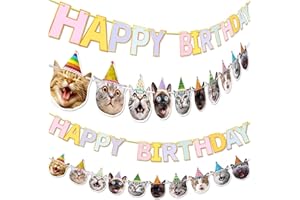 CZLOTYH Happy Birthday Cat Face Banner Kitties Garland Photographic Hat Cat with Macaron Bday Sign Bunting Party Backdrop Decoration