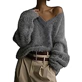Yimoon Fuzzy Sweater for Women V Neck Long Sleeve Soft Chunky Pullover Sweater Loose Slouchy Fluffy Jumper Top
