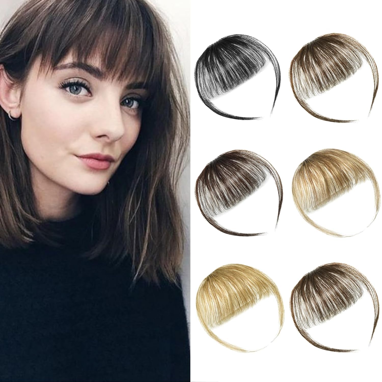Photo 1 of DILUSILK Clip on Bangs for Women Clip in Bangs Real Human Hair Wispy Fringe with Temples Bangs Hair Clip for Women Natural Light Brown Bang Clips