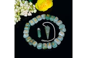 ABHISUBYA Green Jade Stone, 25 Pcs Rune Stone with Engraved Elder Futhark, Runes, Witchcraft Supplies, Chakra Stones, Room Decor, Crystal Decor, Spiritual Gifts, Wiccan Supplies and Tools, Runes Set