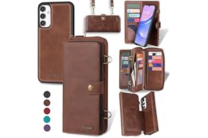 QIXIU for Samsung Galaxy A54 5G Wallet Case,Multi-Function Wallet Case,Detachable 3 in 1 Magnetic Galaxy A54 5G Case Wallet,Flip Strap Zipper Card Holder Phone Case with Shoulder Straps-Brown