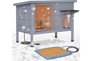 PETIMBER Outdoor Cat House - Heated Cat House for Outside, Wooden Insulated Cat Houses Outdoor, Winter Warm Cat Home Weatherproof Waterproof, Clawsable Feral Kitty Shelter with Heated Pad, Escape Door