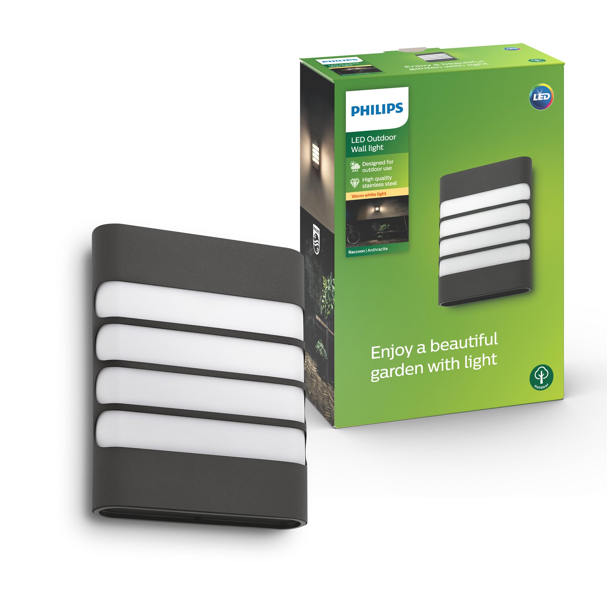Philips Raccoon LED Outdoor Wall Light, 4W, 450 lm, 2,700 K Warm White Light, IP44 Weather-resistant, Built-in LED, Durable, Stainless Steel, Anthracite Grey